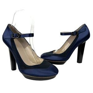 Nicholas Kirkwood High Heels EU 38 US 7.5‎ Navy Satin Round Toe Italy Maryjane
